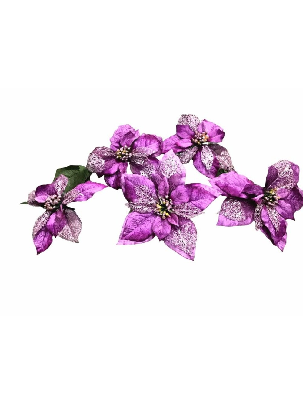 PACK OF 5 CHRISTMAS DECOR ARTIFICIAL FLOWERS 16" PURPLE POINSETTIAS